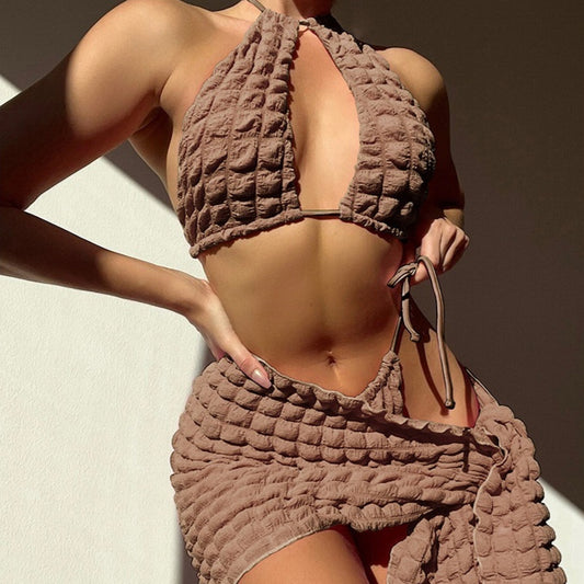 Lace-up Seersucker Three-piece Bikini Women's Swimsuit